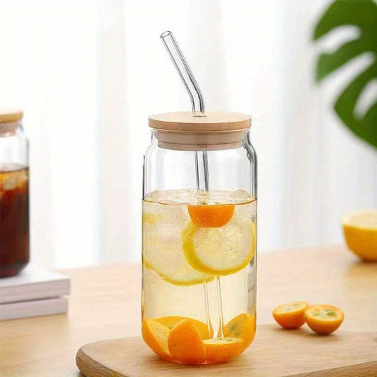 Versatile Glass Water Cup with Straw - Perfect for Iced Coffee, Beer, Tea | High Borosilicate Glass, Multiple Sizes (11.83oz/15.22oz/18.6oz) | Includes Wooden Lid & Straw | Ideal for Juice, Milk | Kitchen & Dining Essential