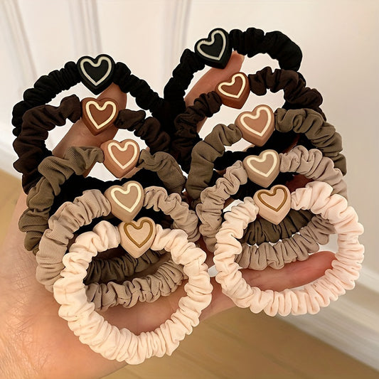 5pcs Vintage Khaki Love Heart & Bowknot Hair Ties - Elastic Rubber Bands For Women, Perfect Gift Idea