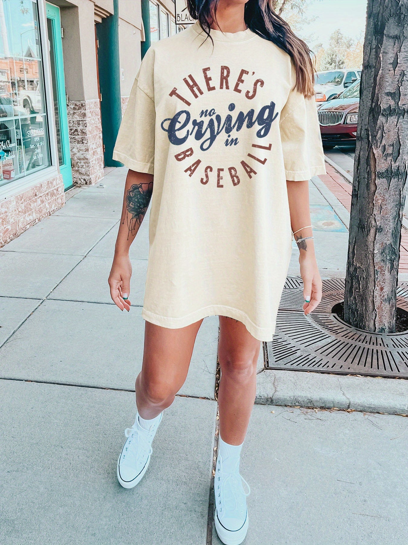 Cotton Knit Alphabet Print Casual T-Shirt Dress - Crew Neck, Short Sleeve, 100% Cotton Fabric, "There's No Crying in Baseball" Graphic, All Season Wear for Adults