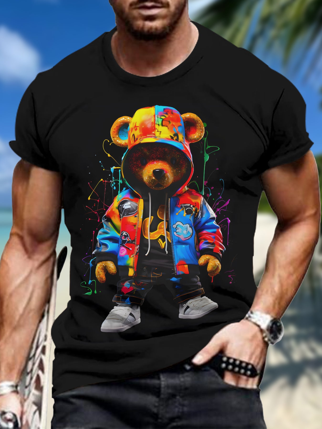 [Customer Favorite] Men's 3D Printed Bear Graphic Tee - Breathable, Stretchy Polyester Blend for Summer Casual Wear & Sports