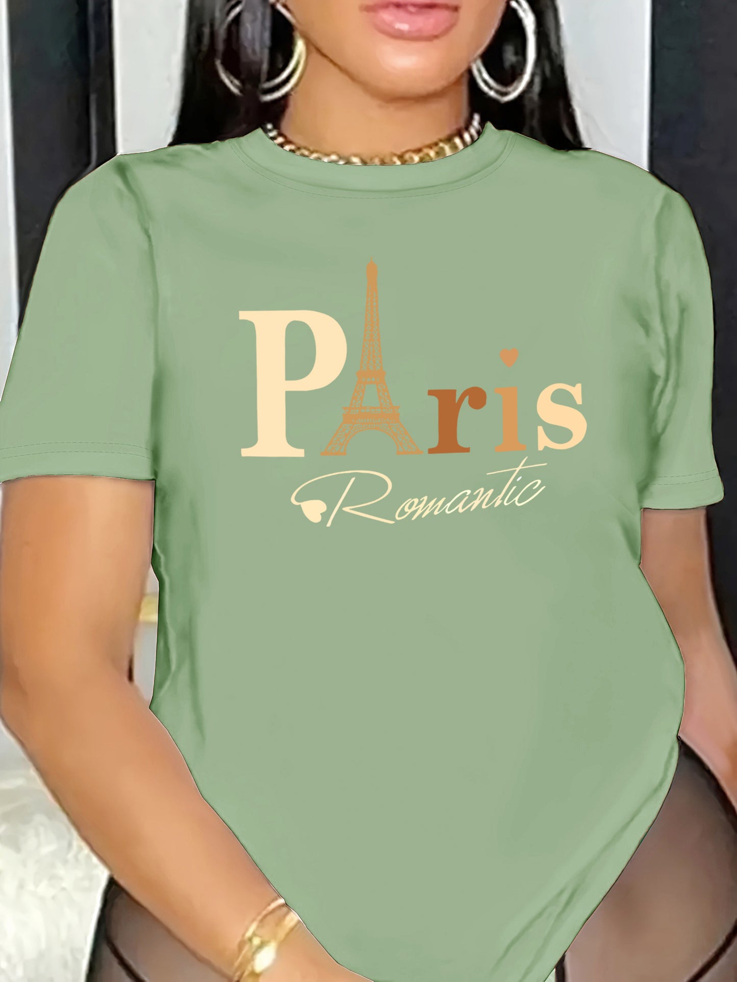 Paris Eiffel Tower Graphic Tee for Women - Casual Crew Neck Short Sleeve Top, Stretchy Polyester Blend, Machine Washable - Perfect for Spring/Summer/Fall