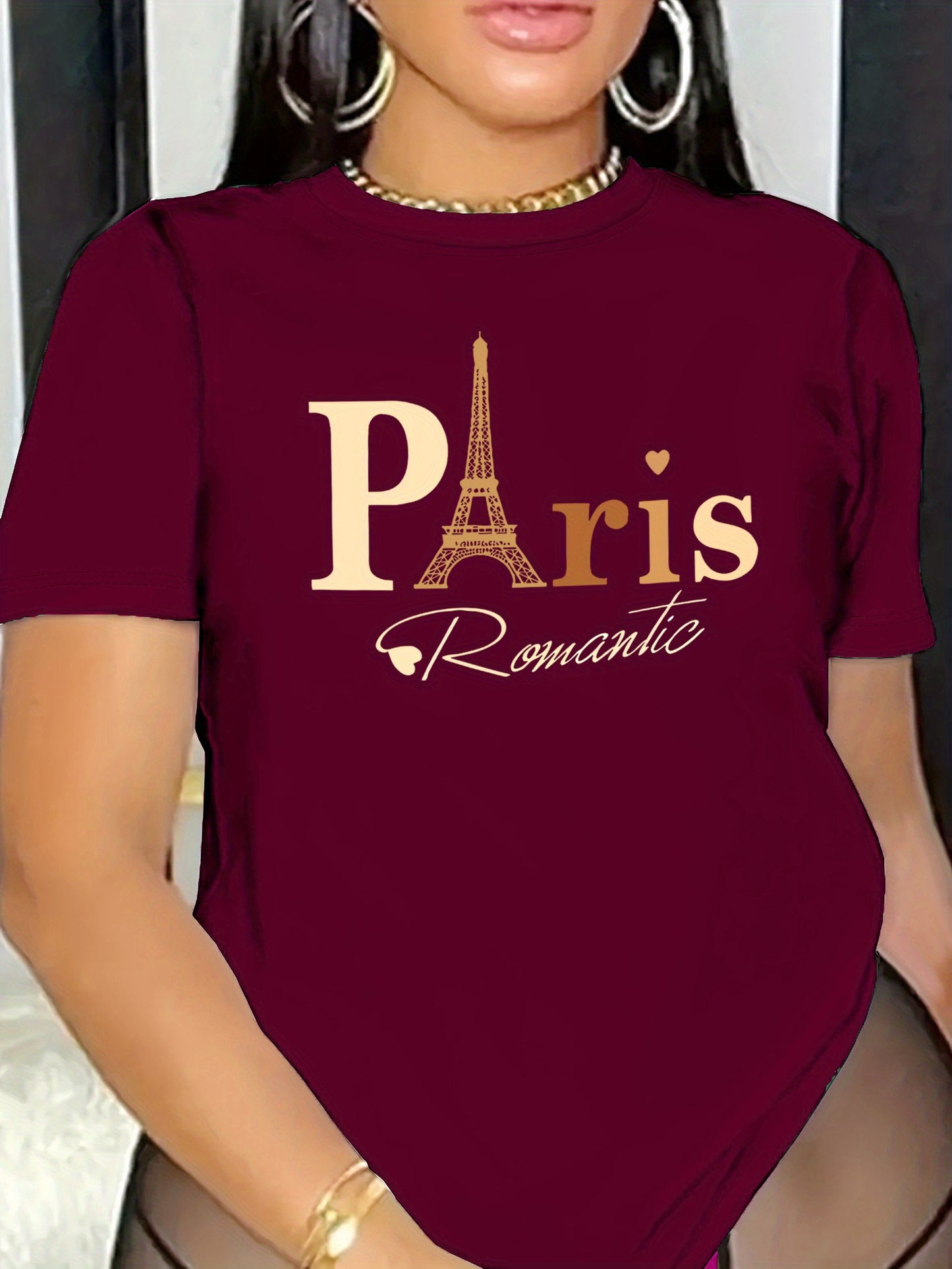 Paris Eiffel Tower Graphic Tee for Women - Casual Crew Neck Short Sleeve Top, Stretchy Polyester Blend, Machine Washable - Perfect for Spring/Summer/Fall