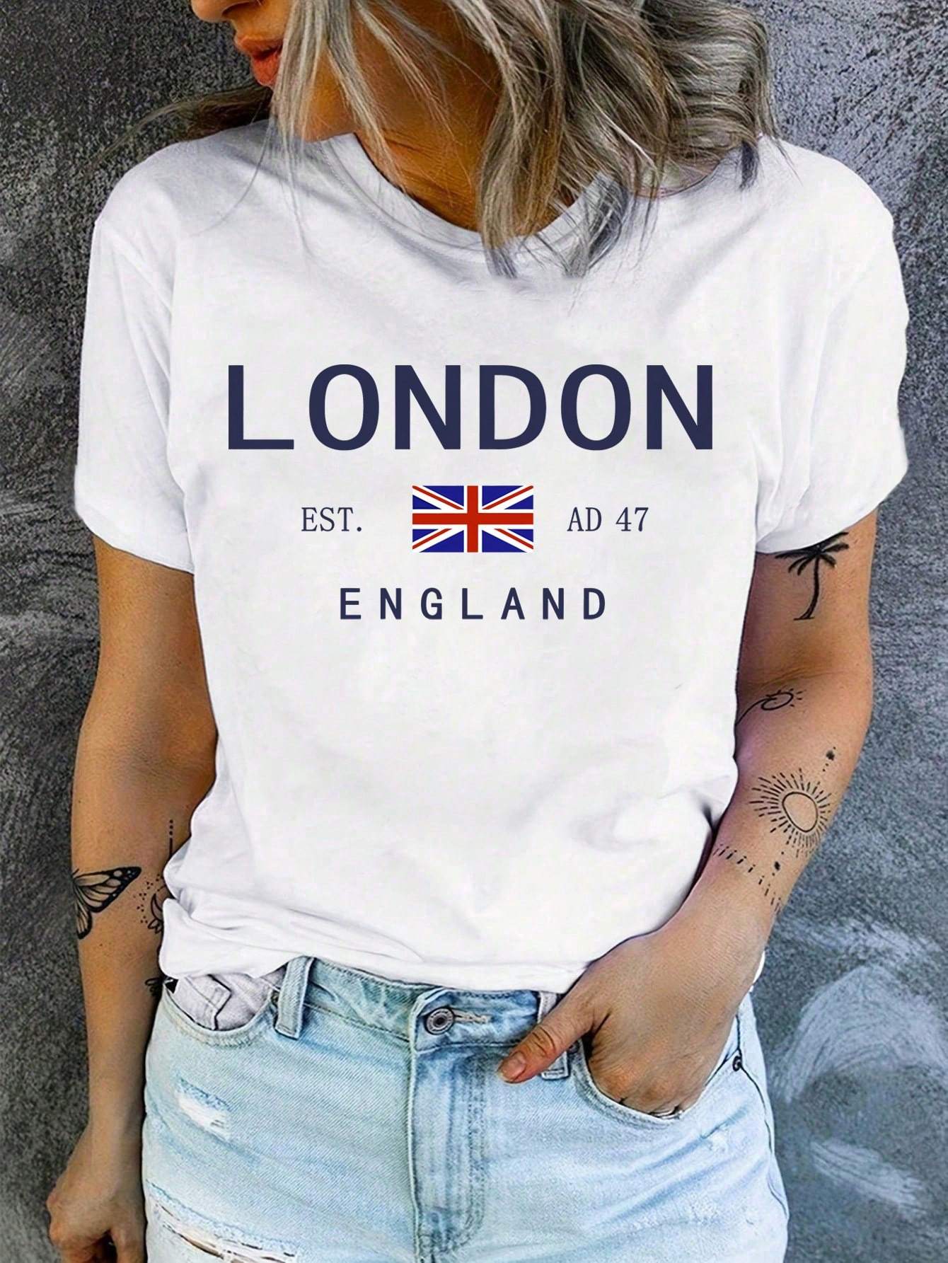 Vintage London Letter Print Women's T-Shirt - Casual Crew Neck, Short Sleeve, Polyester Blend, Machine Washable - Perfect for Spring/Summer