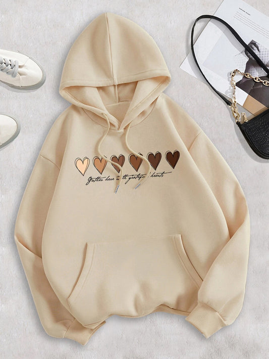 Heart Print Kangaroo Pocket Hoodie, Casual Long Sleeve Drawstring Hooded Sweatshirt, Women's Clothing