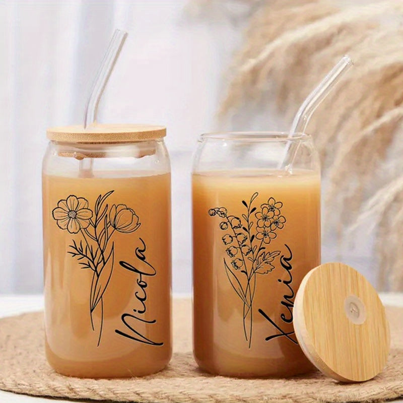 Custom Birth Flower Glass Tumbler With Lid & Straw - Perfect Birthday Or Bridesmaid Gift For Her