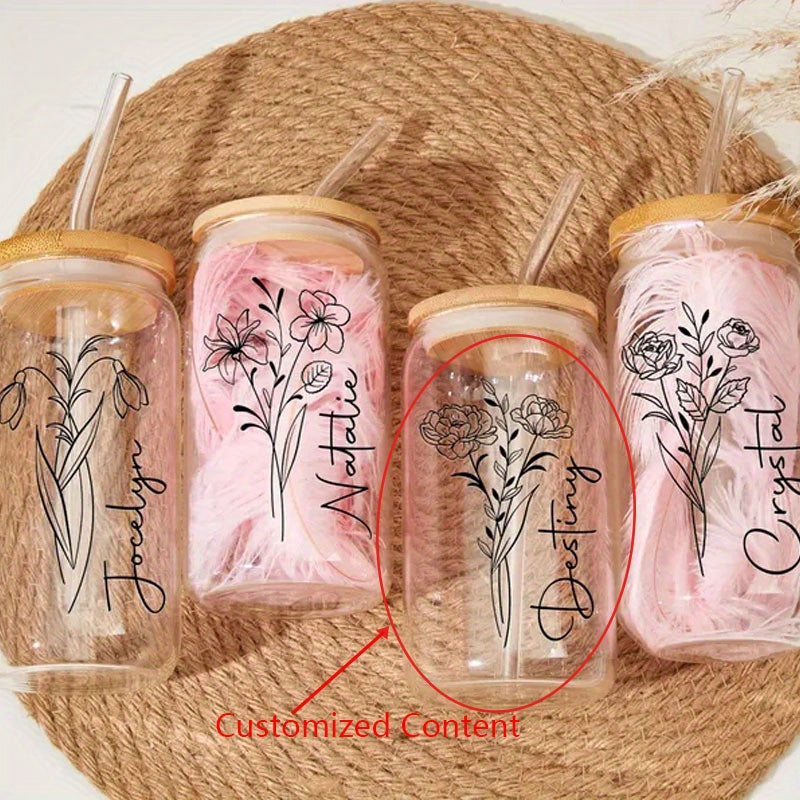 Custom Birth Flower Glass Tumbler With Lid & Straw - Perfect Birthday Or Bridesmaid Gift For Her