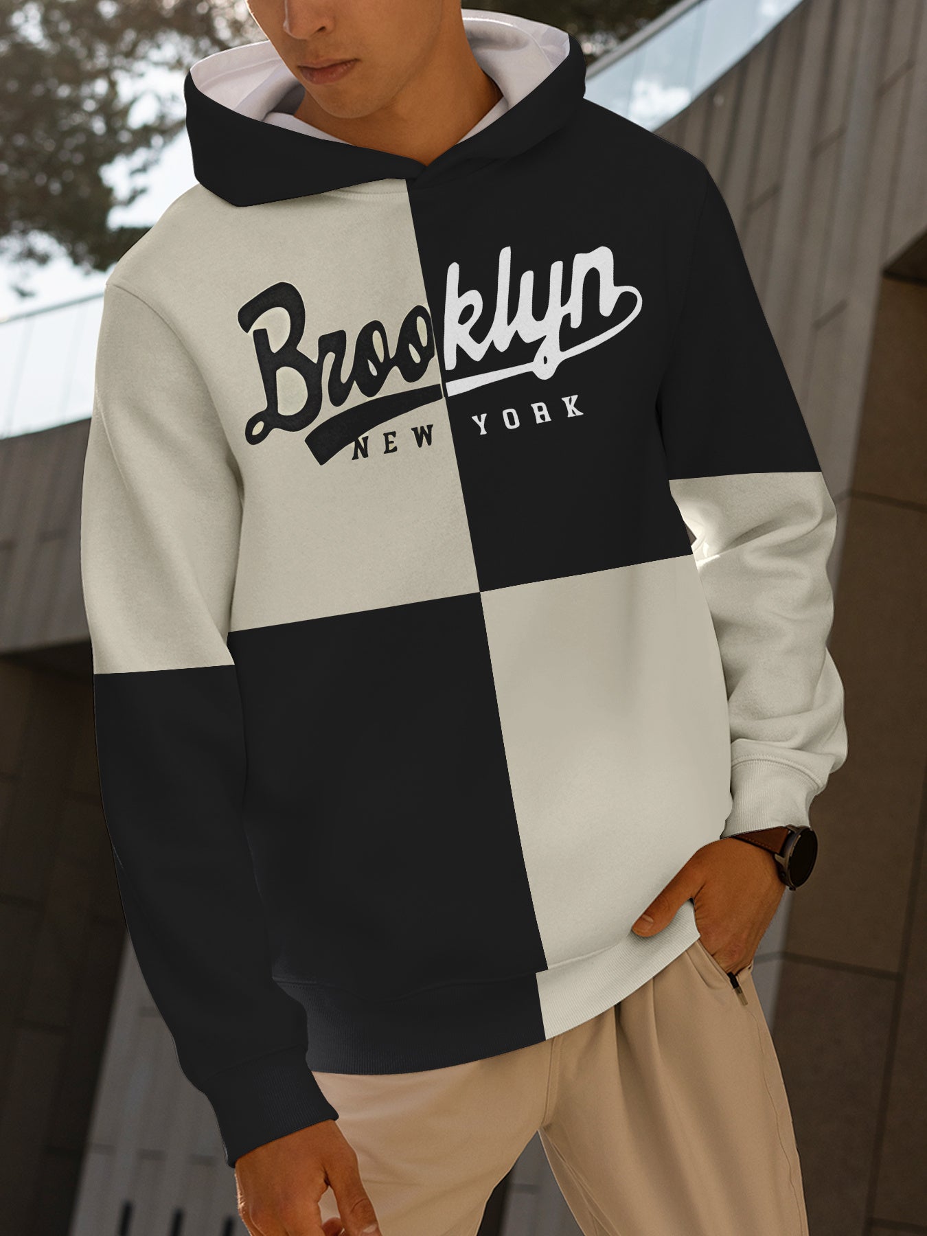 Brooklyn New York Print Hooded Sweatshirt Men's 3D Digital Print Casual Outdoor Hoodie - Regular Fit Knit Polyester Blend with 5% Spandex, Slight Stretch Sports Pullover with Front Print, No Details