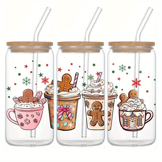 Festive 3D UV Printed Pink Gingerbread Coffee Mug, 16oz Glass Jar with Bamboo Lid and Straw, Perfect for Christmas, Halloween, Thanksgiving, and Birthday Gifts - Unique Drinkware