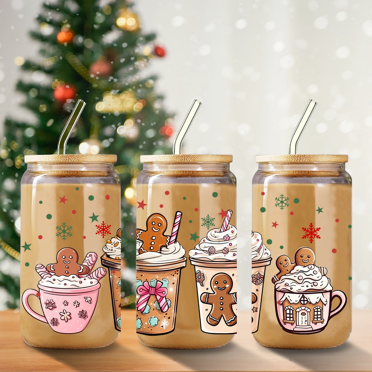 Festive 3D UV Printed Pink Gingerbread Coffee Mug, 16oz Glass Jar with Bamboo Lid and Straw, Perfect for Christmas, Halloween, Thanksgiving, and Birthday Gifts - Unique Drinkware