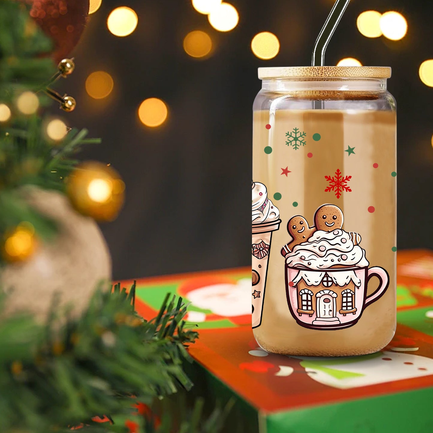 Festive 3D UV Printed Pink Gingerbread Coffee Mug, 16oz Glass Jar with Bamboo Lid and Straw, Perfect for Christmas, Halloween, Thanksgiving, and Birthday Gifts - Unique Drinkware