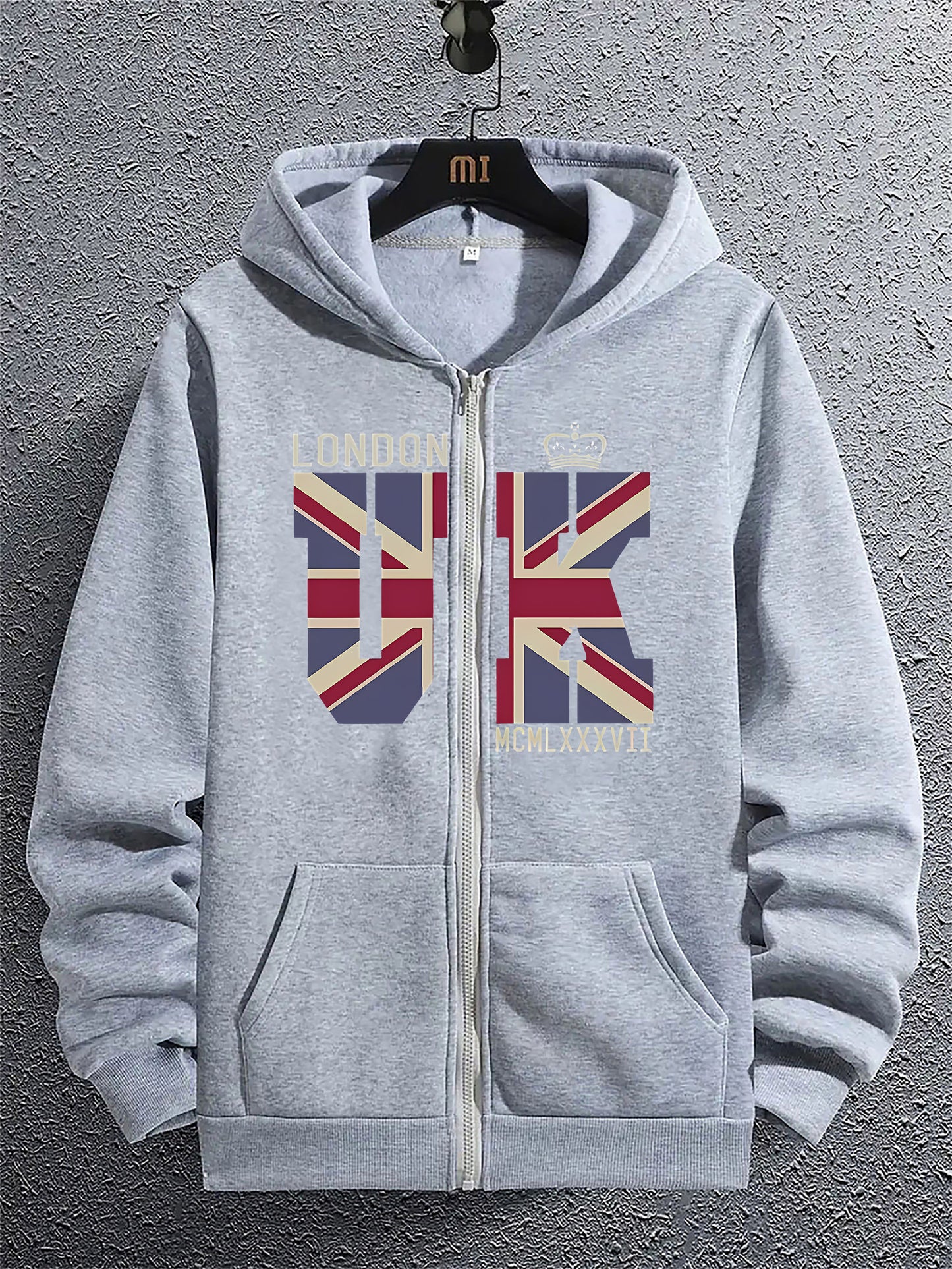 London Union Jack Alphabet Print Zip-Up Hoodie with Kangaroo Pocket - Casual Long Sleeve Hooded Sweatshirt for Men, Polyester Knit, Slight Stretch, Regular Fit - All Season Fashion Top