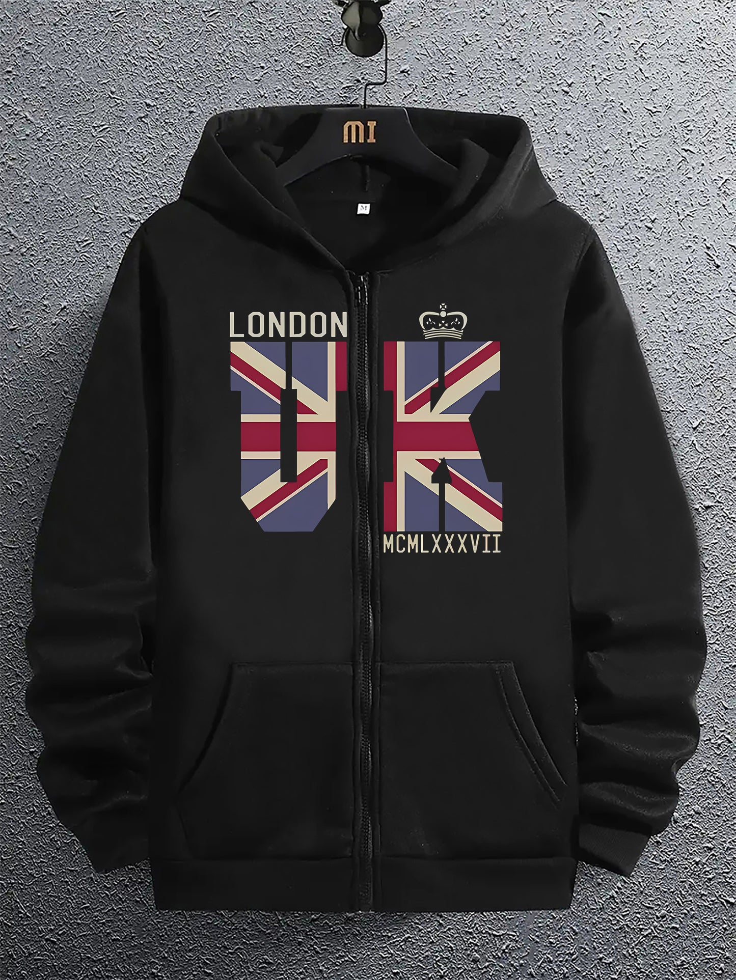 London Union Jack Alphabet Print Zip-Up Hoodie with Kangaroo Pocket - Casual Long Sleeve Hooded Sweatshirt for Men, Polyester Knit, Slight Stretch, Regular Fit - All Season Fashion Top