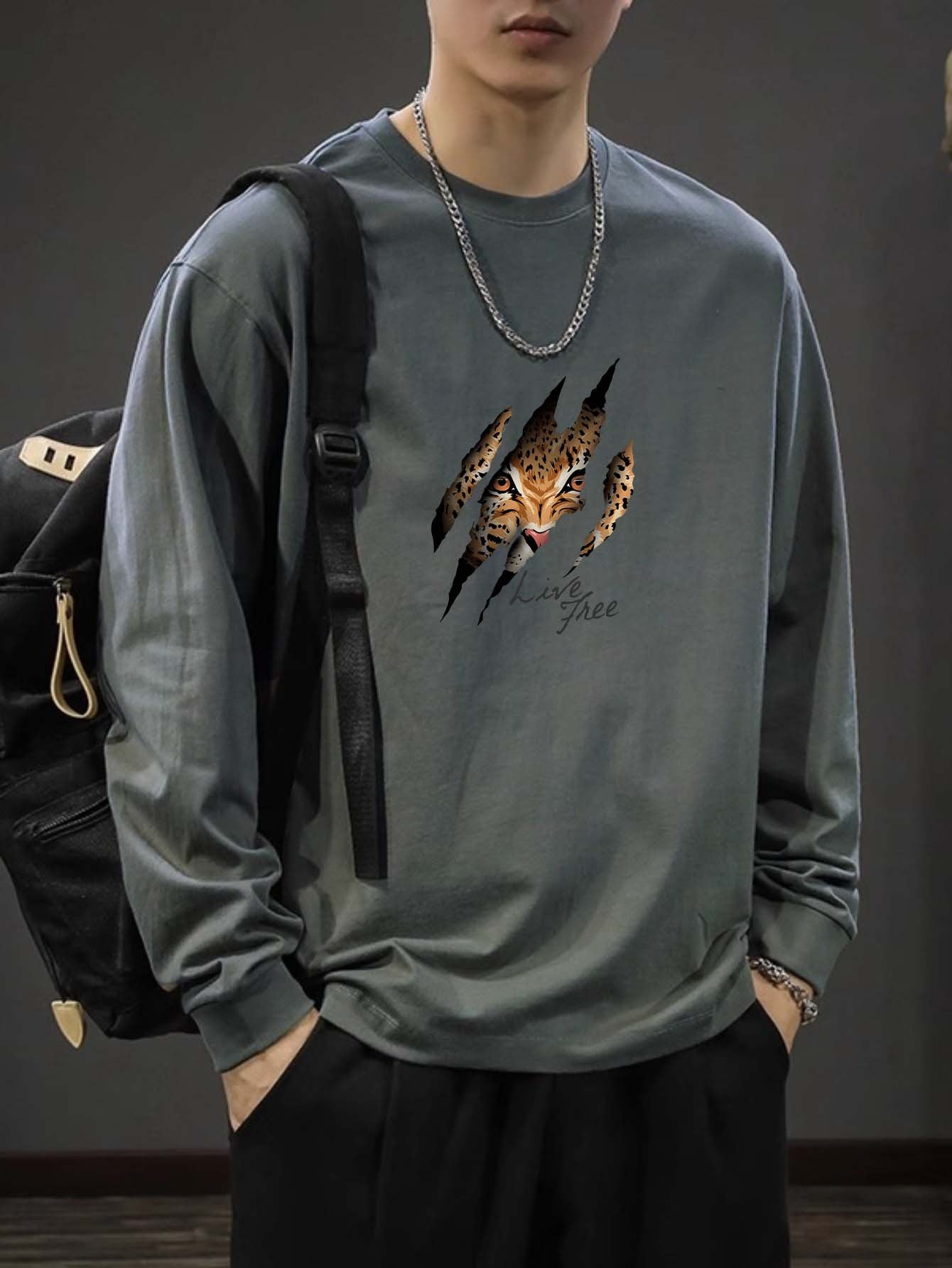 Men's Casual Cotton Sweatshirt - 100% Cotton Knit Fabric - Regular Fit Crew Neck Pullover with Long Sleeves and Eagle Print - Slight Stretch Comfortable Active Sweater for Spring and Autumn