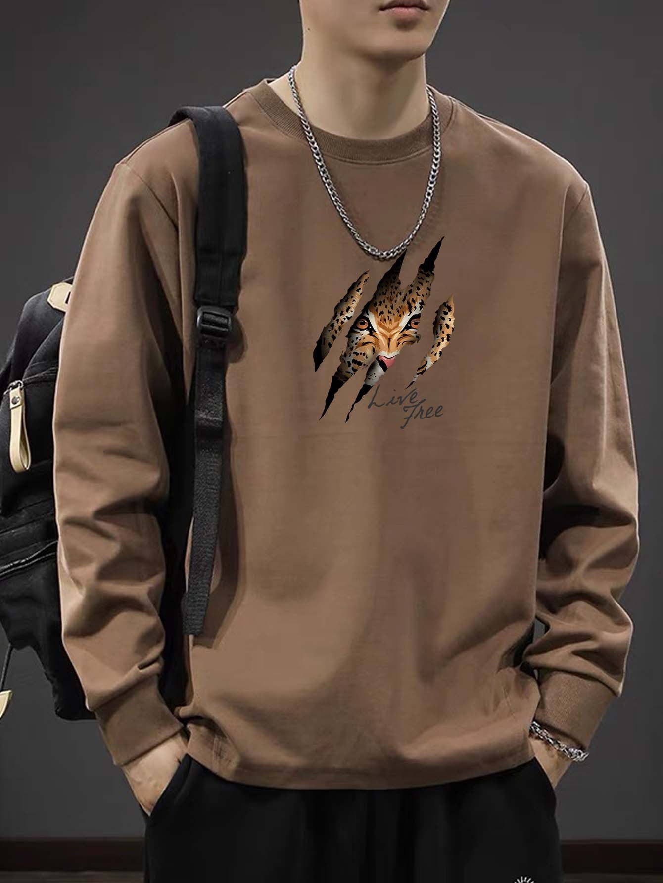 Men's Casual Cotton Sweatshirt - 100% Cotton Knit Fabric - Regular Fit Crew Neck Pullover with Long Sleeves and Eagle Print - Slight Stretch Comfortable Active Sweater for Spring and Autumn