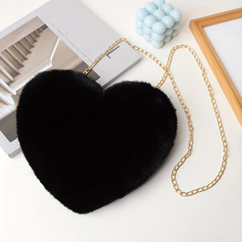 Chic Heart-Shaped Plush Crossbody Bag with Fashion Chain - Perfect for Valentine's Day, Halloween & Christmas Gifts, Christmas Decor