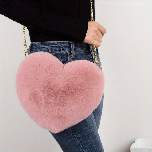 Chic Heart-Shaped Plush Crossbody Bag with Fashion Chain - Perfect for Valentine's Day, Halloween & Christmas Gifts, Christmas Decor