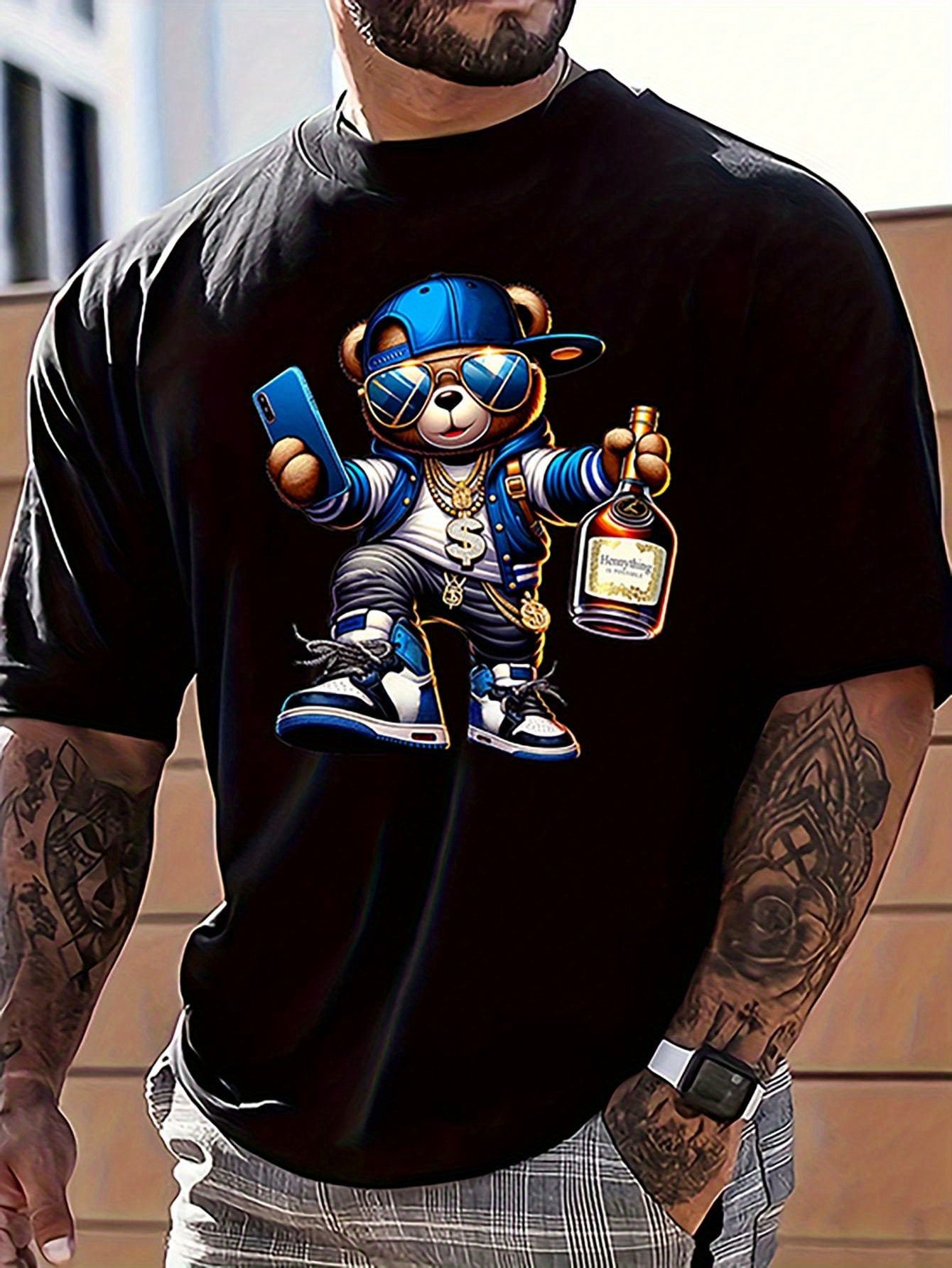 Men's Casual Fashion Cartoon Bear with Blue Cap Print T-Shirt, 100% Polyester Knit Fabric, Regular Fit Crew Neck Tee, Medium Stretch, All-Season Style