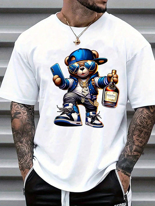 Men's Casual Fashion Cartoon Bear with Blue Cap Print T-Shirt, 100% Polyester Knit Fabric, Regular Fit Crew Neck Tee, Medium Stretch, All-Season Style