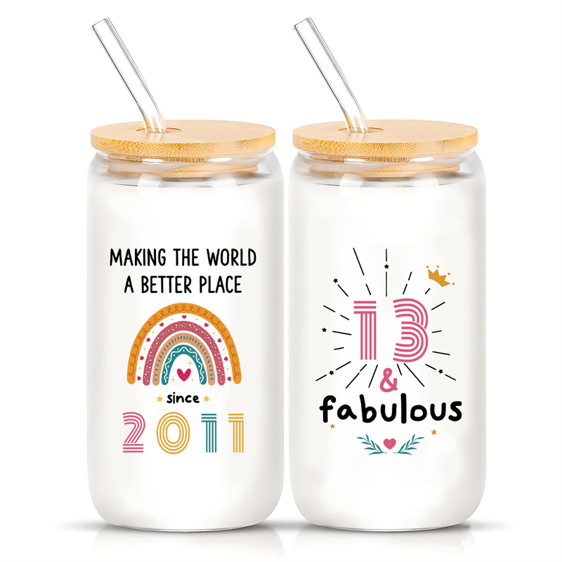 16oz Glass Tumbler with Straw and Brush - Reusable, Machine Washable, Electricity-Free, Patterned Design - Ideal for 13th Birthday, Cola, Coffee, Milk Tea - Gift for Daughter, Niece, Granddaughter