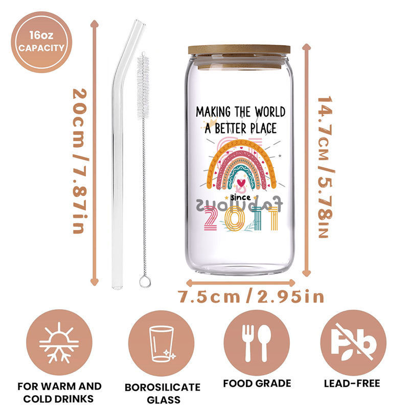 16oz Glass Tumbler with Straw and Brush - Reusable, Machine Washable, Electricity-Free, Patterned Design - Ideal for 13th Birthday, Cola, Coffee, Milk Tea - Gift for Daughter, Niece, Granddaughter