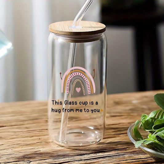 16oz Glass Cup with Straw and Brush, Borosilicate Glass Mug for Hot and Cold Drinks, Reusable, Dishwasher Safe, Lead-Free, Food Grade Coffee Tea Soda Tumbler, Lifecapido "A Hug From Me to You" Rainbow Design – Unique Gift Idea