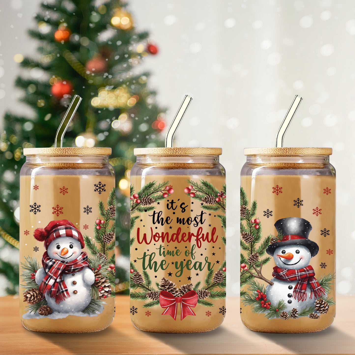 Christmas Snowman 16oz Glass Tumbler with Bamboo Lid & Straw - Reusable, Washable Drinking Cup for Juice, Milk, Iced Coffee - Perfect Gift for Birthdays, Halloween, Christmas, Thanksgiving