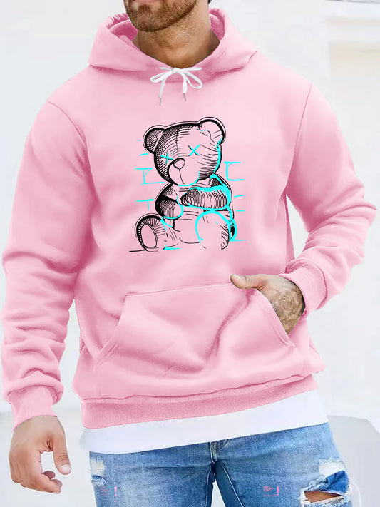 Men's Casual Printed Hoodie with Teddy Bear Design - 100% Polyester Knit Fabric with Slight Stretch, Regular Fit, Hooded Collar Style, Solid Color with Graphic Print, Casual Long Sleeve Pullover