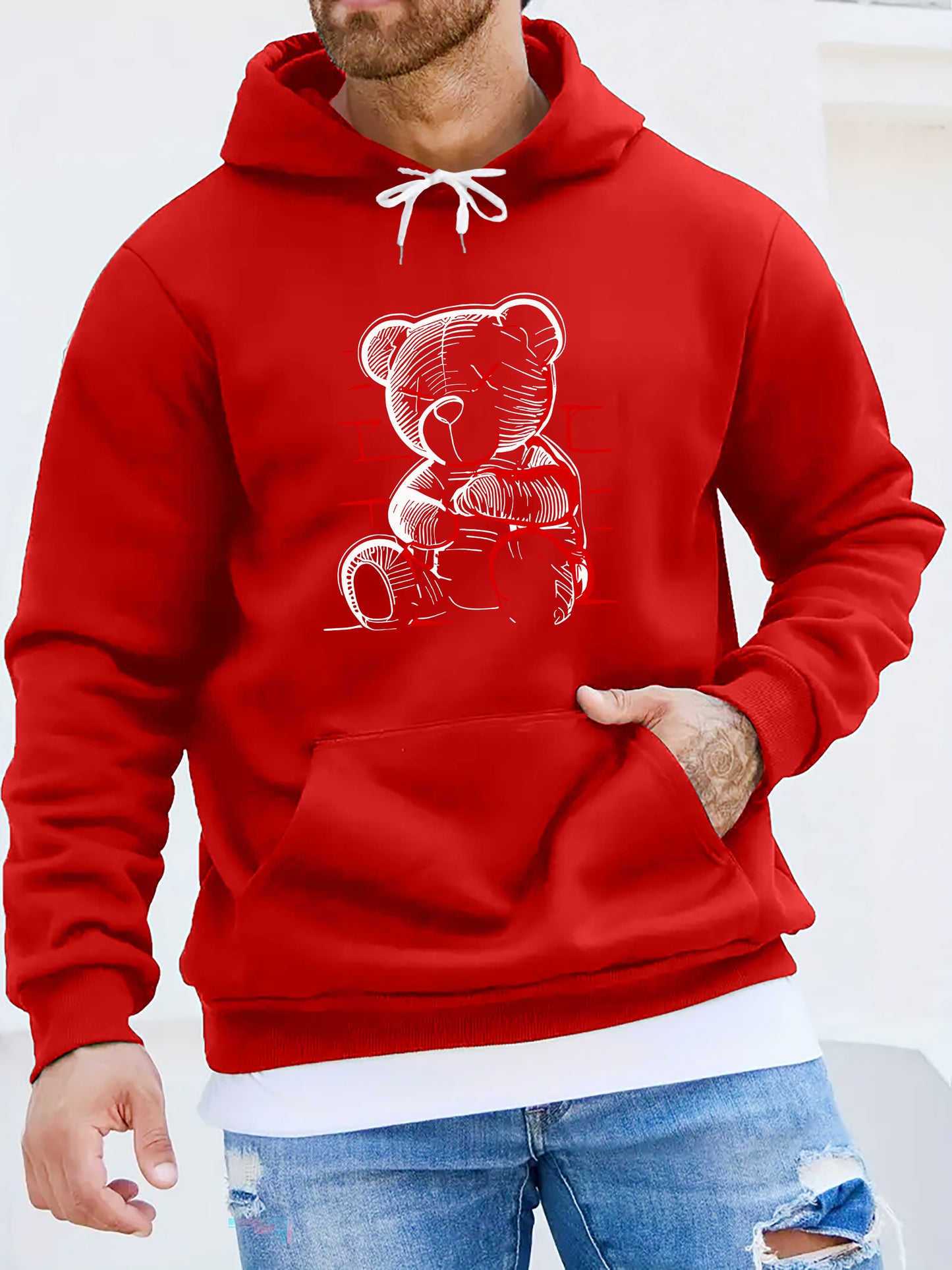 Men's Casual Printed Hoodie with Teddy Bear Design - 100% Polyester Knit Fabric with Slight Stretch, Regular Fit, Hooded Collar Style, Solid Color with Graphic Print, Casual Long Sleeve Pullover