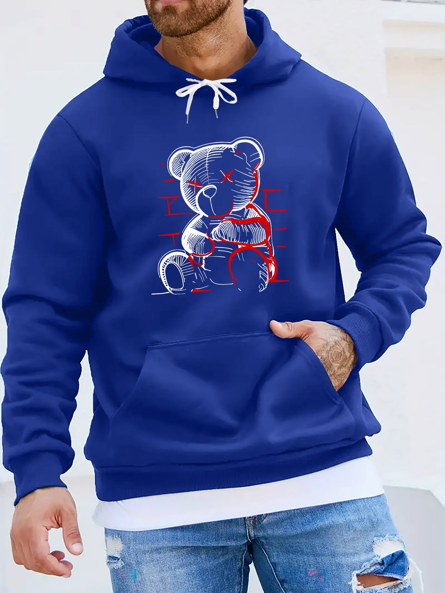 Men's Casual Printed Hoodie with Teddy Bear Design - 100% Polyester Knit Fabric with Slight Stretch, Regular Fit, Hooded Collar Style, Solid Color with Graphic Print, Casual Long Sleeve Pullover