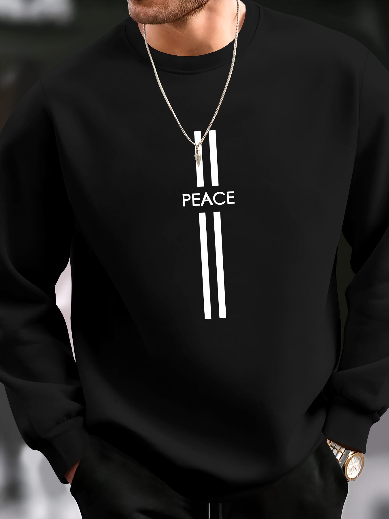 Peace Element Print Men's Casual Sweatshirt - Trendy Long Sleeve Crew Neck Pullover, Machine Washable Polyester Blend