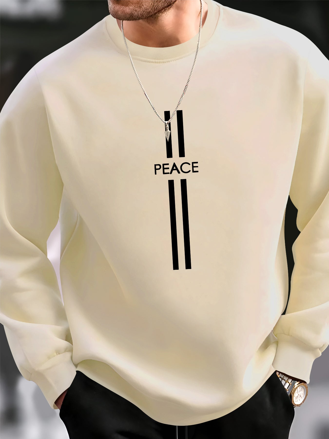Peace Element Print Men's Casual Sweatshirt - Trendy Long Sleeve Crew Neck Pullover, Machine Washable Polyester Blend