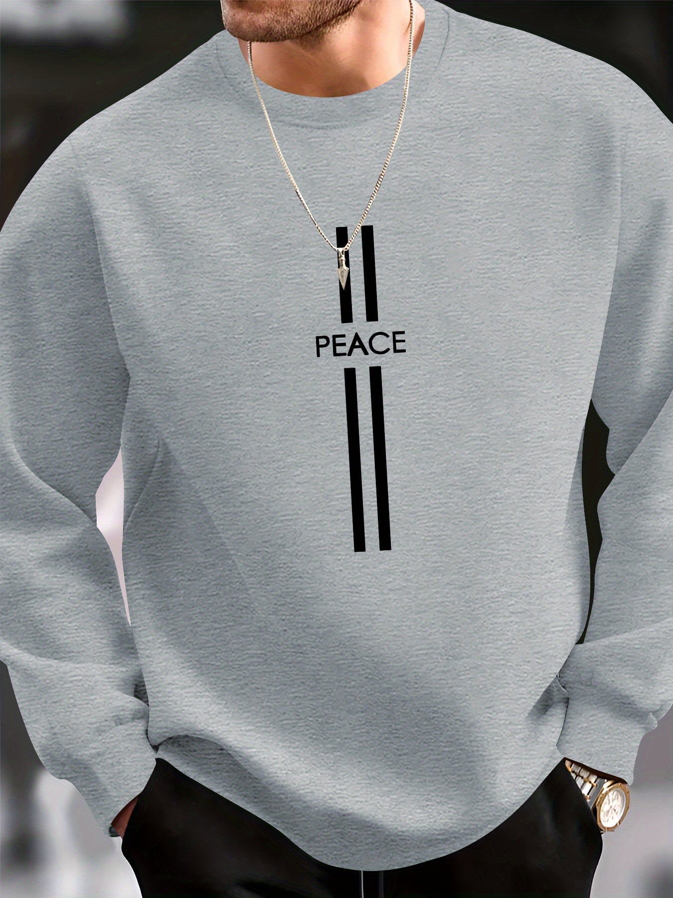 Peace Element Print Men's Casual Sweatshirt - Trendy Long Sleeve Crew Neck Pullover, Machine Washable Polyester Blend