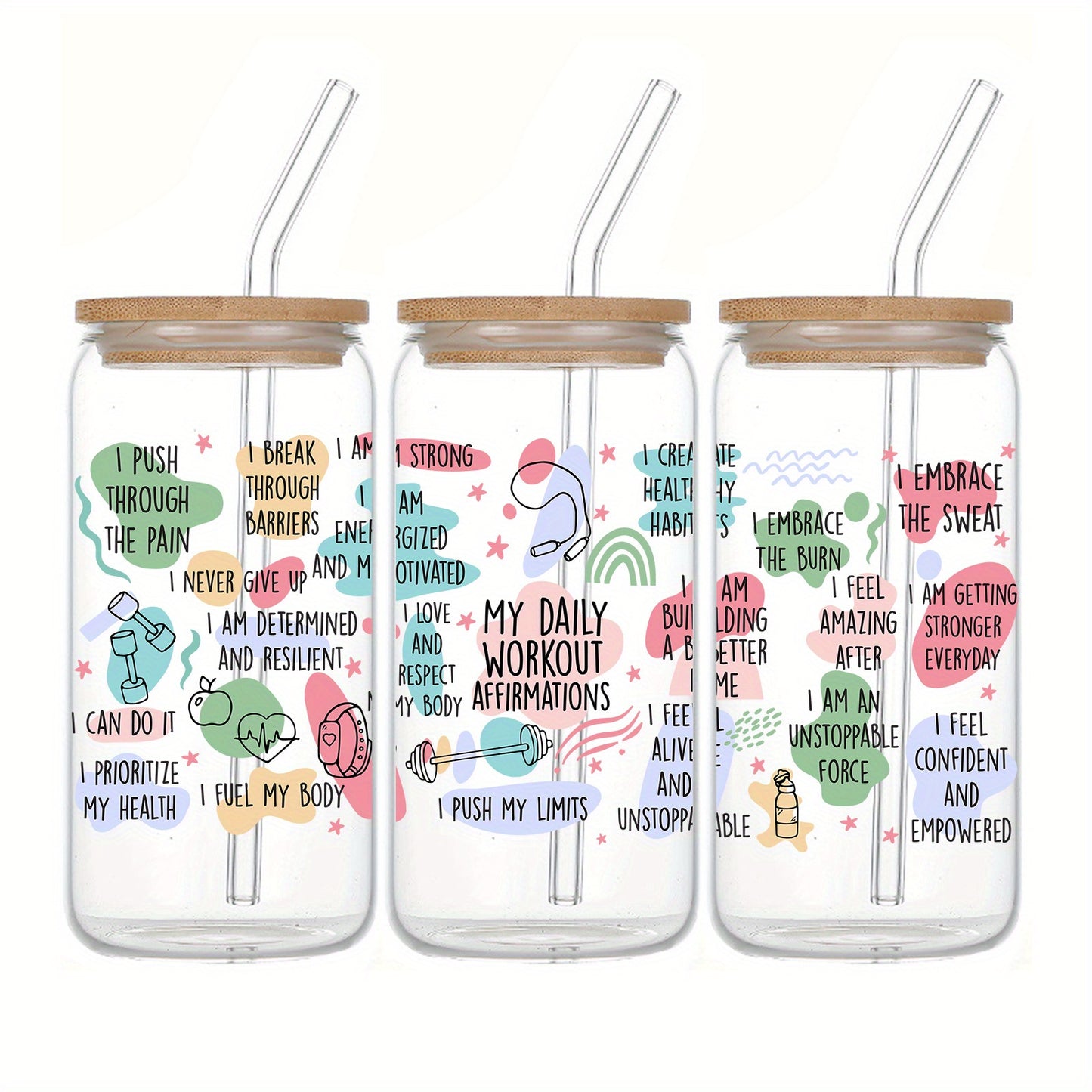 16oz Christmas Iced Coffee Glass Tumbler with Lid & Straw - 'MY DAILY WORKOUT AFFIRMATIONS' Print, Perfect Gift for Friends & Family, Ideal for Iced Coffee Lovers, Great for Christmas, Thanksgiving, Halloween Parties