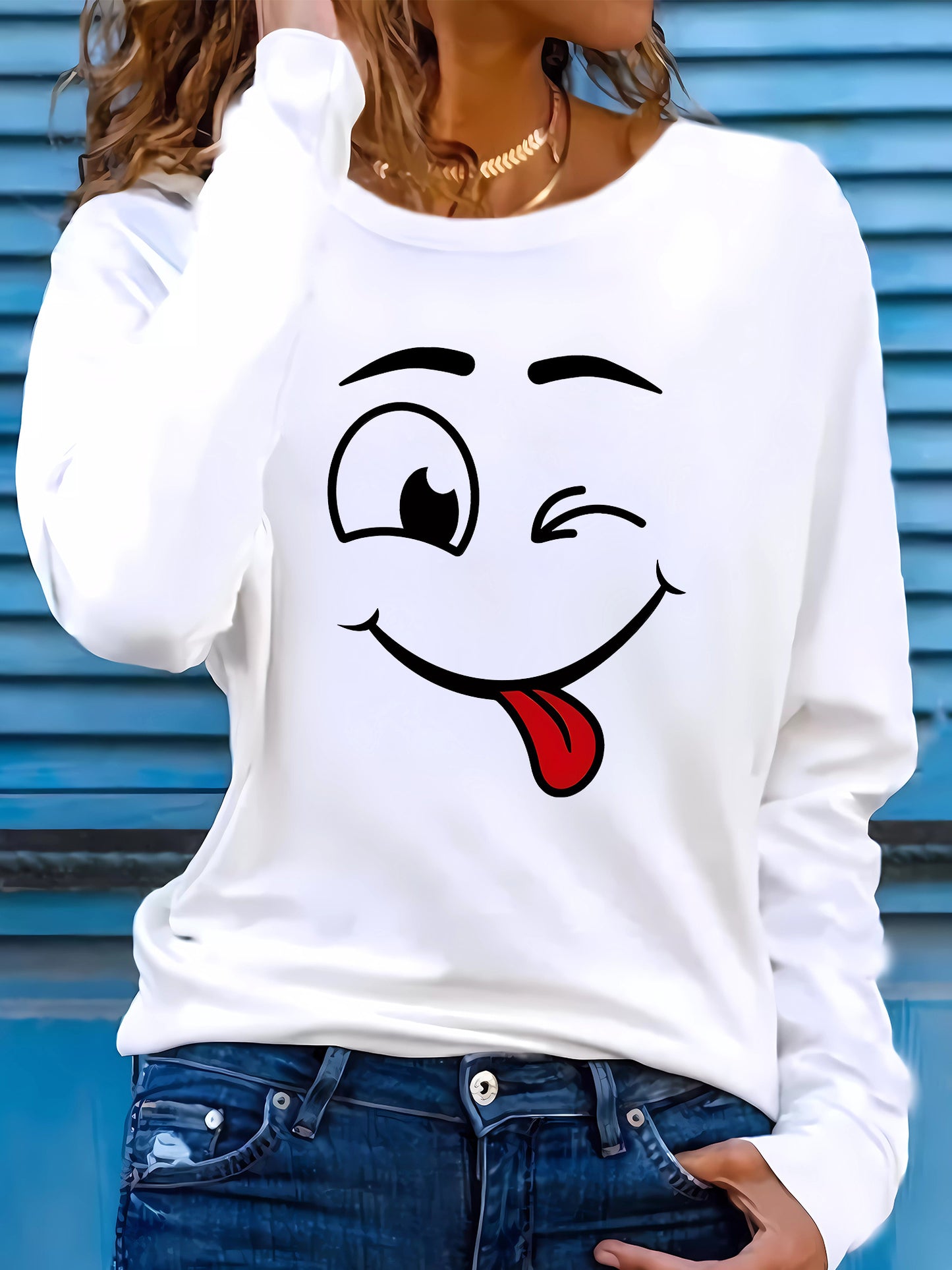 Funny Emoticon Print Loose Comfortable T-shirt, Casual Sports Wear, Long Sleeve, Women's Printed T-shirt For Fall And Winter