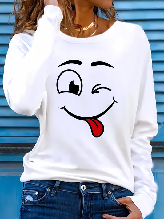 Funny Emoticon Print Loose Comfortable T-shirt, Casual Sports Wear, Long Sleeve, Women's Printed T-shirt For Fall And Winter