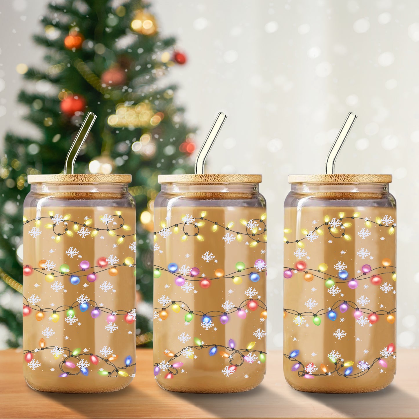 16oz Can-Shaped Glass Tumbler with 3D Snowflake & Colorful Lights Design - Reusable Drinking Cup for Home, Camping, Perfect for Christmas, Halloween, Thanksgiving & New Year's Gifts, Includes Bamboo Lid & Straw