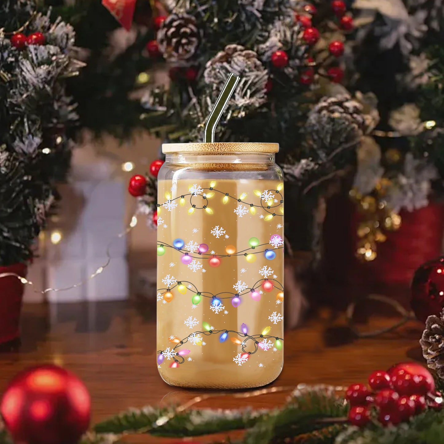 16oz Can-Shaped Glass Tumbler with 3D Snowflake & Colorful Lights Design - Reusable Drinking Cup for Home, Camping, Perfect for Christmas, Halloween, Thanksgiving & New Year's Gifts, Includes Bamboo Lid & Straw