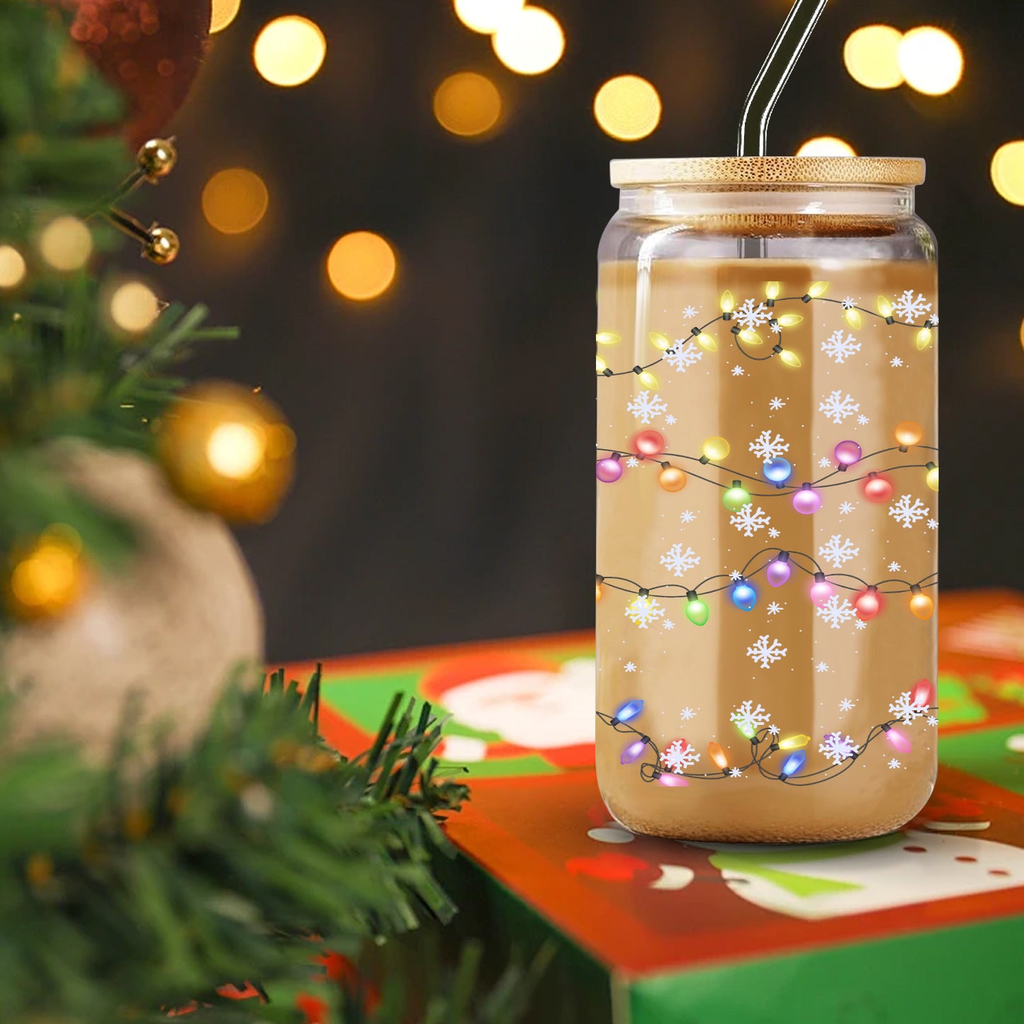 16oz Can-Shaped Glass Tumbler with 3D Snowflake & Colorful Lights Design - Reusable Drinking Cup for Home, Camping, Perfect for Christmas, Halloween, Thanksgiving & New Year's Gifts, Includes Bamboo Lid & Straw