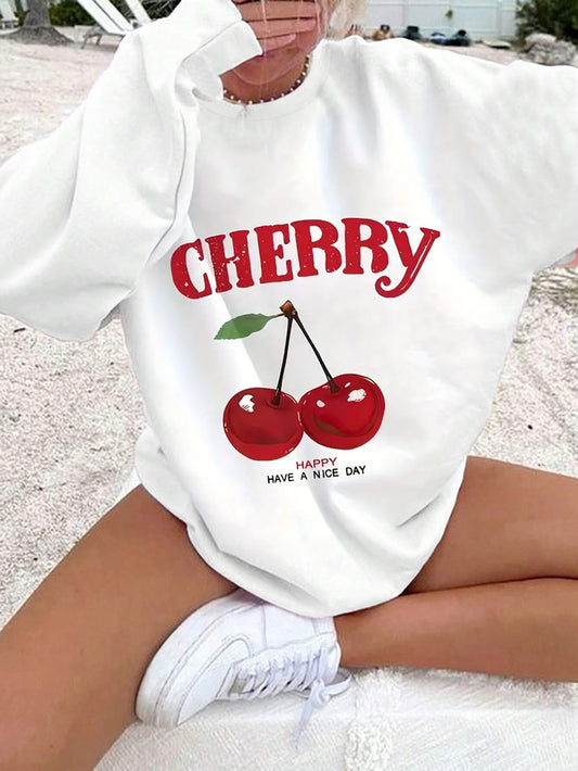 Women's Casual Crew Neck Sweatshirt with Cherry Print | 100% Polyester Knit Fabric | Fall/Winter Season | Casual Style | Long Sleeve Pullover | Fruit & Vegetable Pattern Design | Comfortable Loungewear