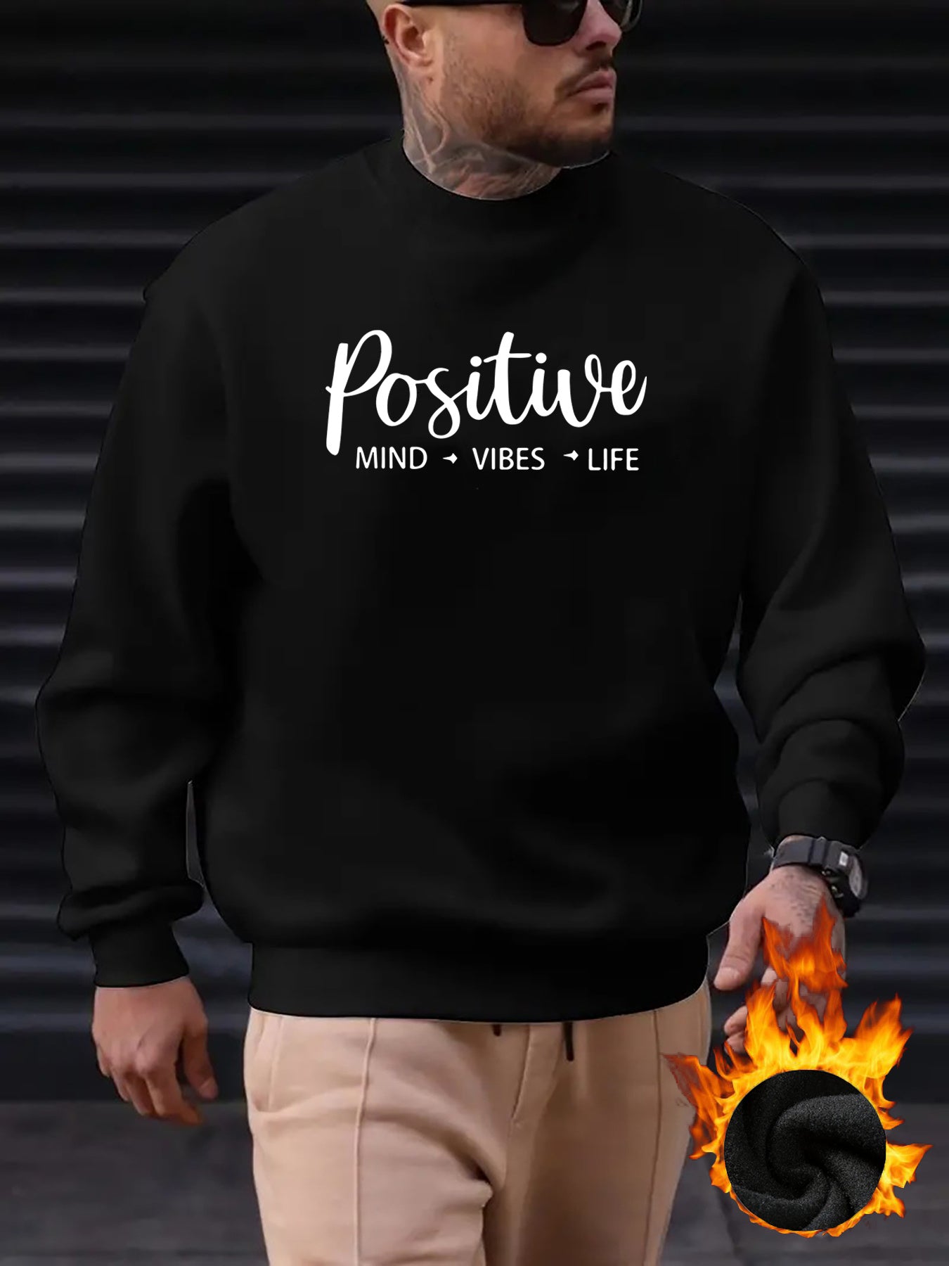 Positive Mind Vibes Life Graphic Sweatshirt - Men's Casual Crew Neck Long Sleeve Polyester Knit Sweater with Slight Stretch, Regular Fit Active Pullover for Spring/Autumn - R11#A35