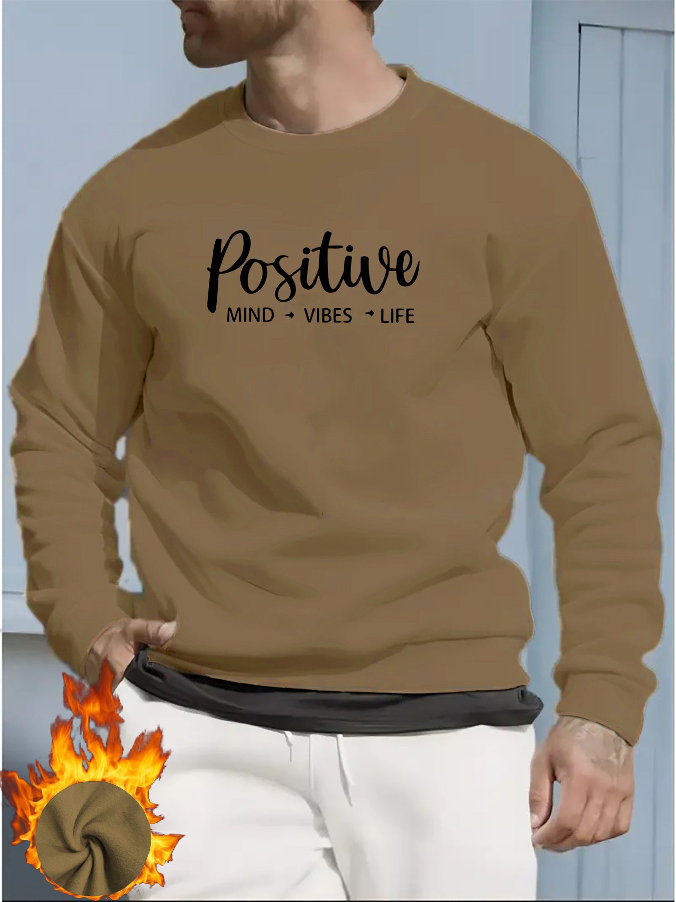 Positive Mind Vibes Life Graphic Sweatshirt - Men's Casual Crew Neck Long Sleeve Polyester Knit Sweater with Slight Stretch, Regular Fit Active Pullover for Spring/Autumn - R11#A35