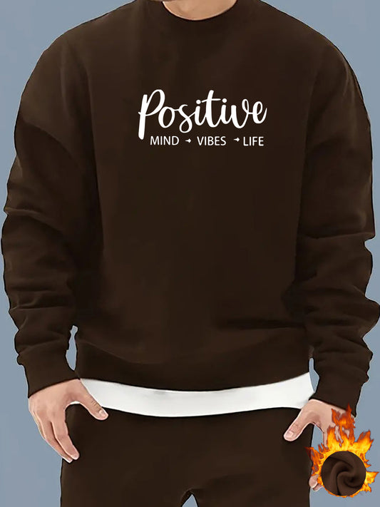 Positive Mind Vibes Life Graphic Sweatshirt - Men's Casual Crew Neck Long Sleeve Polyester Knit Sweater with Slight Stretch, Regular Fit Active Pullover for Spring/Autumn - R11#A35