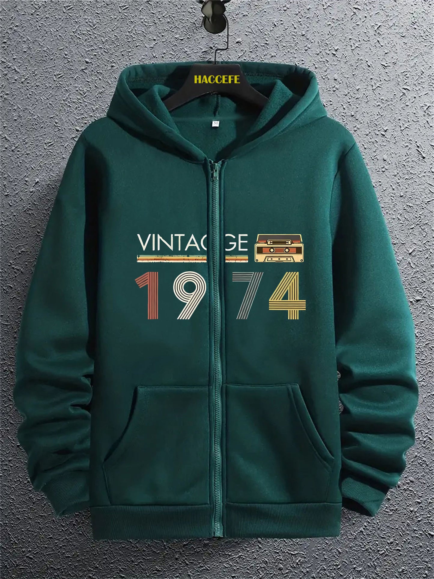 Men's Retro 1974 Radio Graphic Zip-Up Hoodie with Kangaroo Pocket - Casual Long Sleeve Pullover, Perfect for Fall & Winter