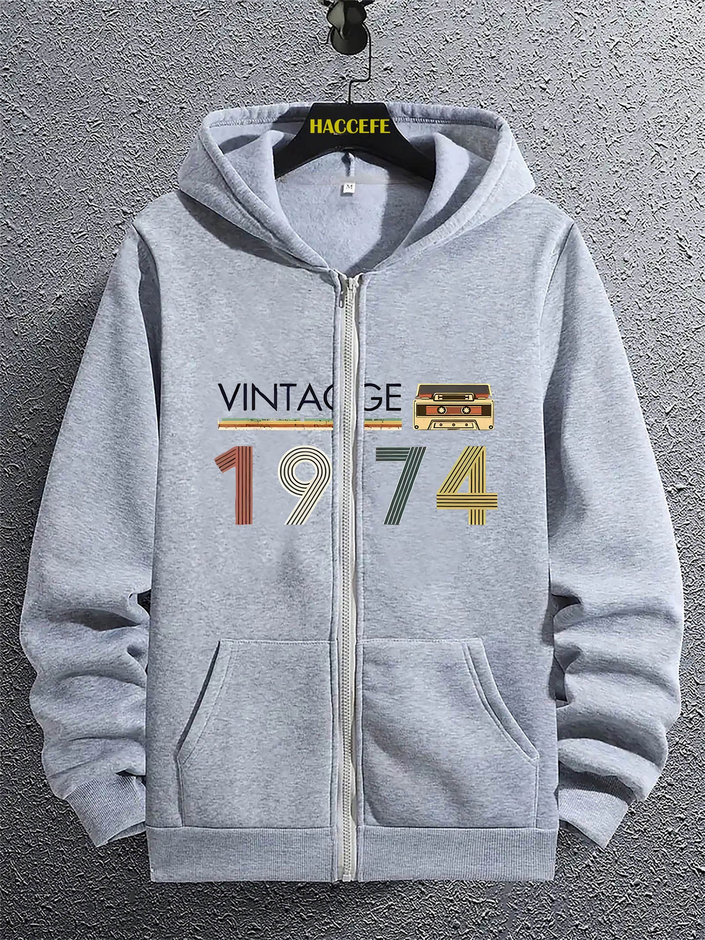 Men's Retro 1974 Radio Graphic Zip-Up Hoodie with Kangaroo Pocket - Casual Long Sleeve Pullover, Perfect for Fall & Winter