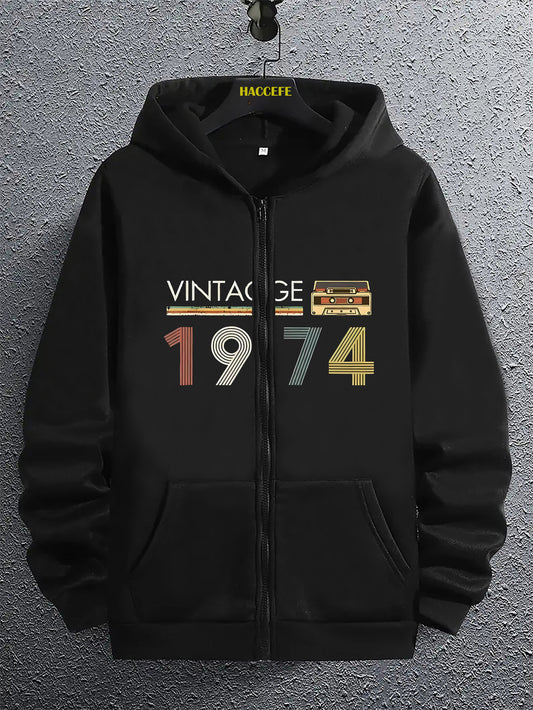 Men's Retro 1974 Radio Graphic Zip-Up Hoodie with Kangaroo Pocket - Casual Long Sleeve Pullover, Perfect for Fall & Winter