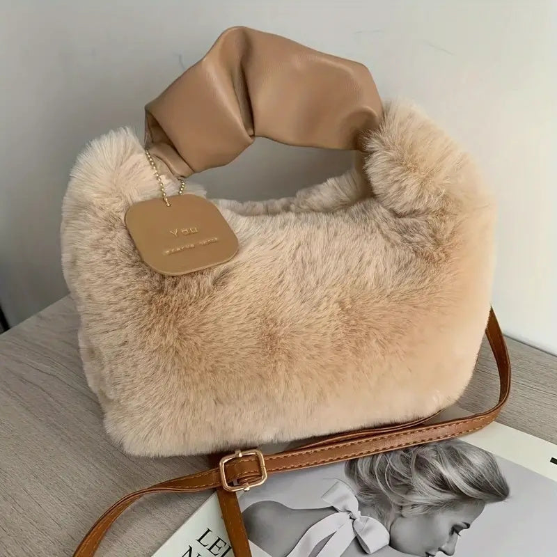 Chic Faux Fur Crossbody Bag for Women - Soft Plush Shoulder Handbag with Zip Closure, Versatile Solid Color, Perfect for Fall & Winter