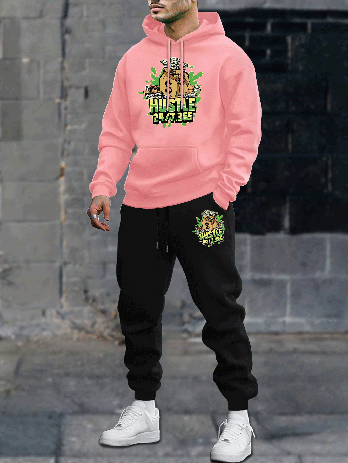 Men's Fleece-Lined Hoodie & Joggers Set - Casual Geometric Print, Drawstring Sweatpants with Pockets, Machine Washable - Perfect for Fall/Winter