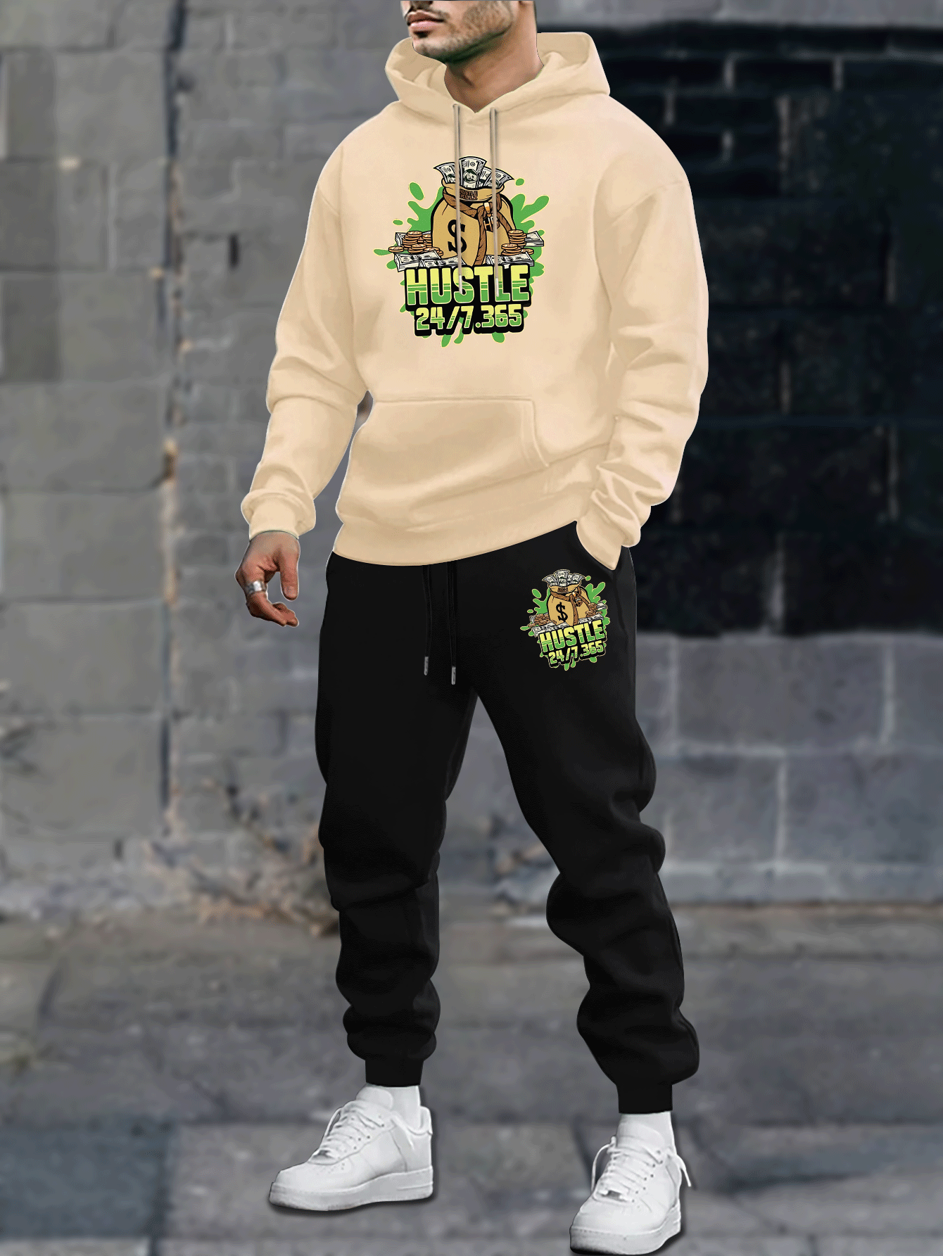 Men's Fleece-Lined Hoodie & Joggers Set - Casual Geometric Print, Drawstring Sweatpants with Pockets, Machine Washable - Perfect for Fall/Winter