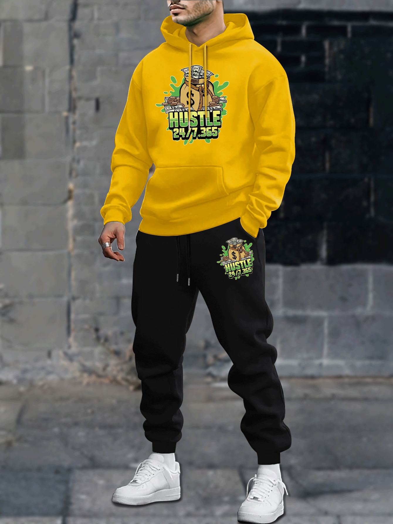 Men's Fleece-Lined Hoodie & Joggers Set - Casual Geometric Print, Drawstring Sweatpants with Pockets, Machine Washable - Perfect for Fall/Winter