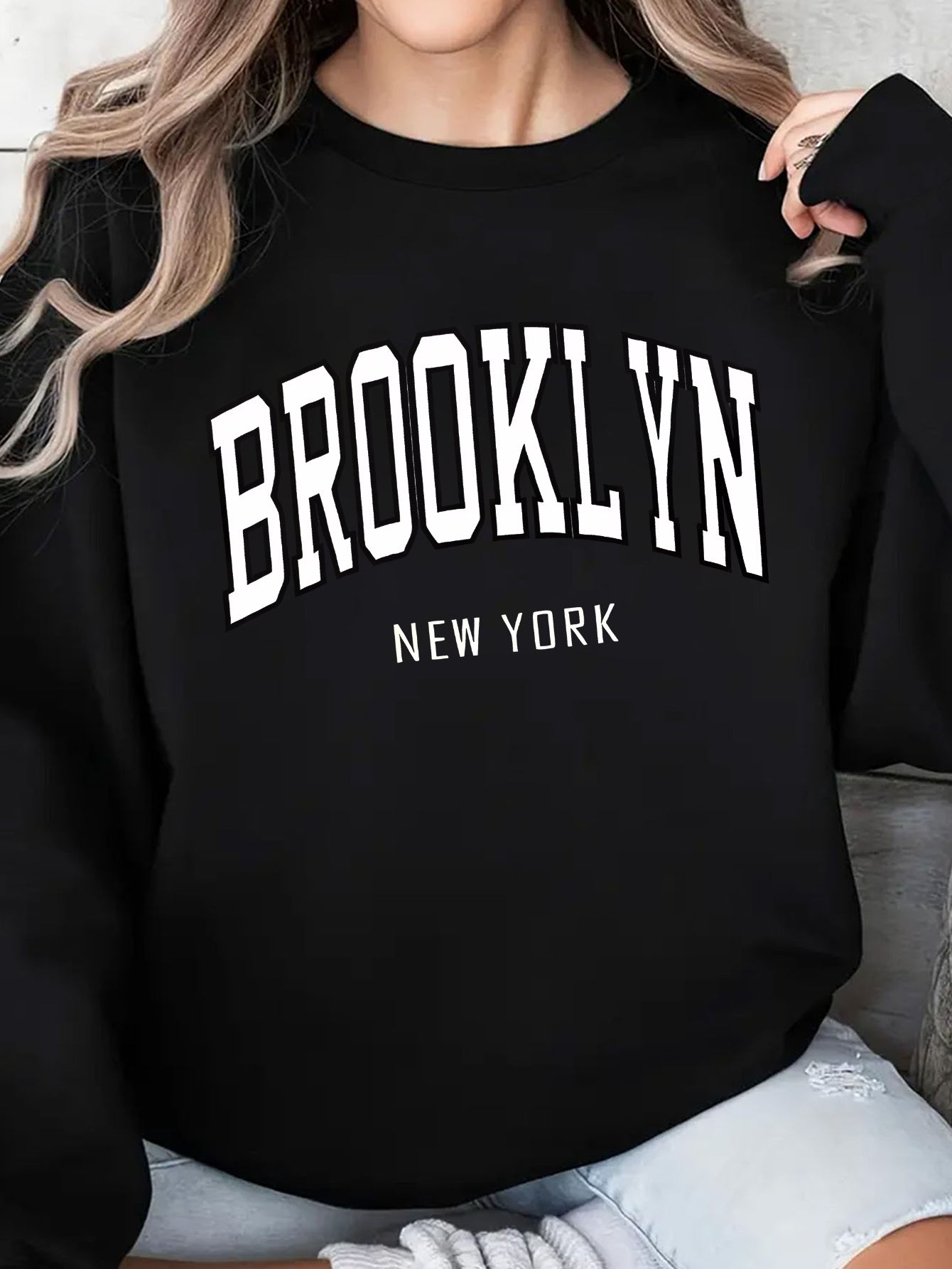 Brooklyn New York Sweatshirt for Women - Adult Polyester Knit Pullover with Round Neck, Casual Sports Hoodie, All-Season Elastic Fabric, Random Print Design